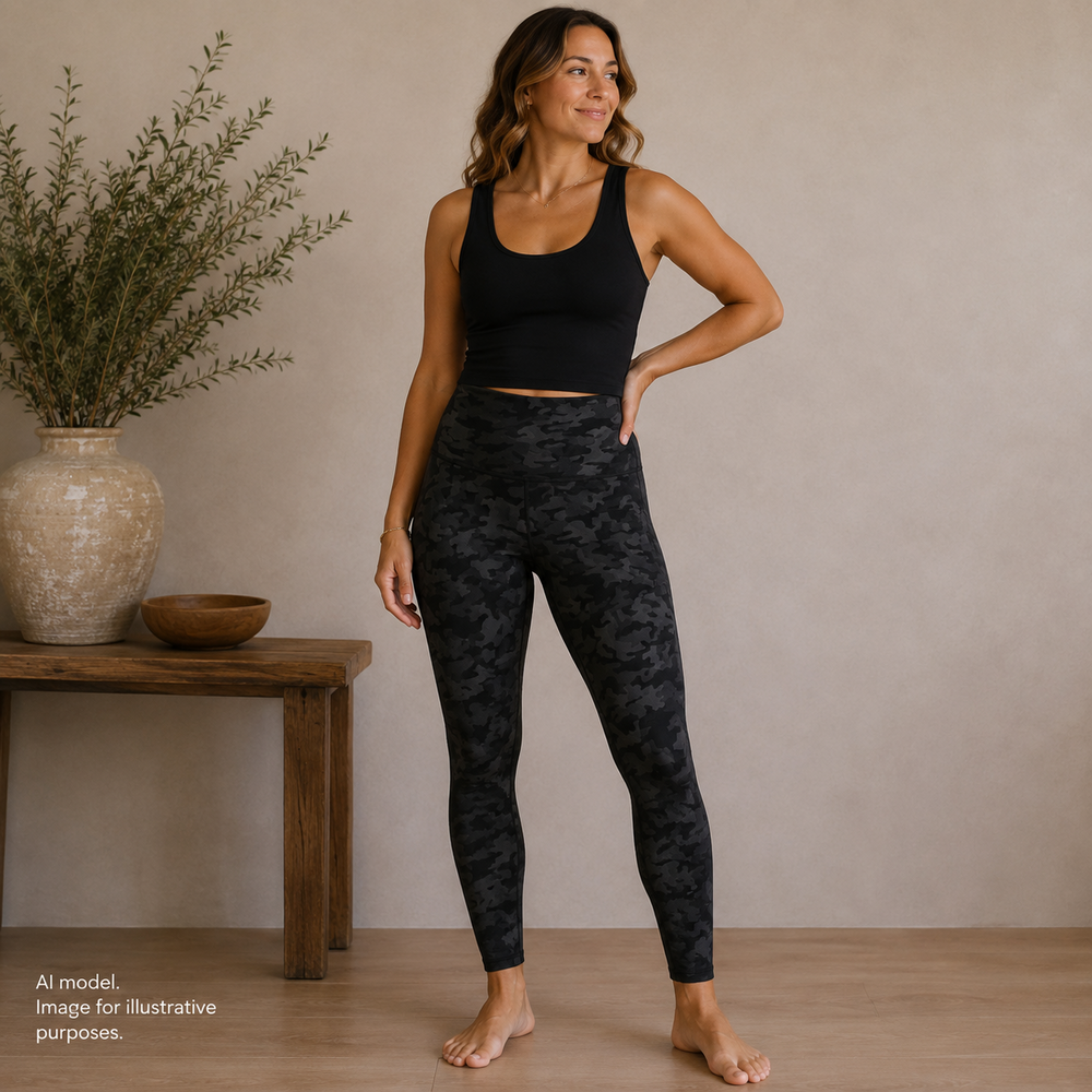 Spanx Leggings Womens Large Black Camo Shimmer Mid Rise Ankle Knit Athletic